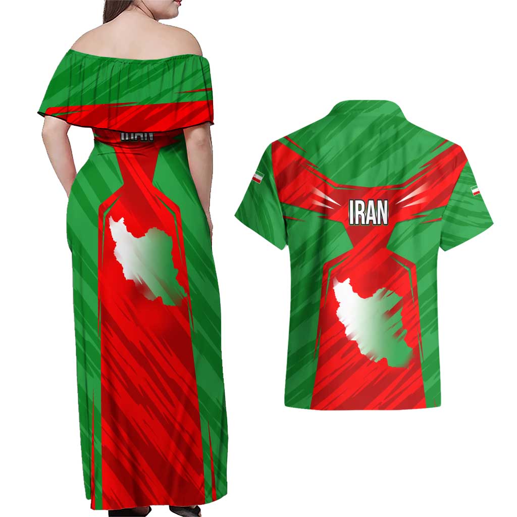 Iran National Pride Couples Matching Off Shoulder Maxi Dress and Hawaiian Shirt with Bold Lion Crest and Country Silhouette