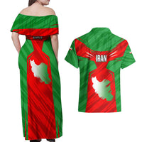 Iran National Pride Couples Matching Off Shoulder Maxi Dress and Hawaiian Shirt with Bold Lion Crest and Country Silhouette