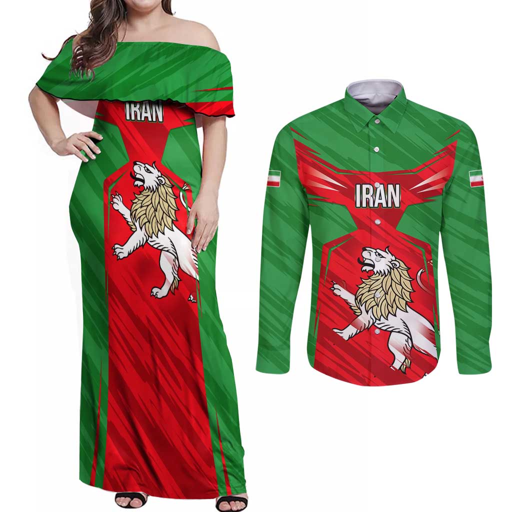 Iran National Pride Couples Matching Off Shoulder Maxi Dress and Long Sleeve Button Shirt with Bold Lion Crest and Country Silhouette