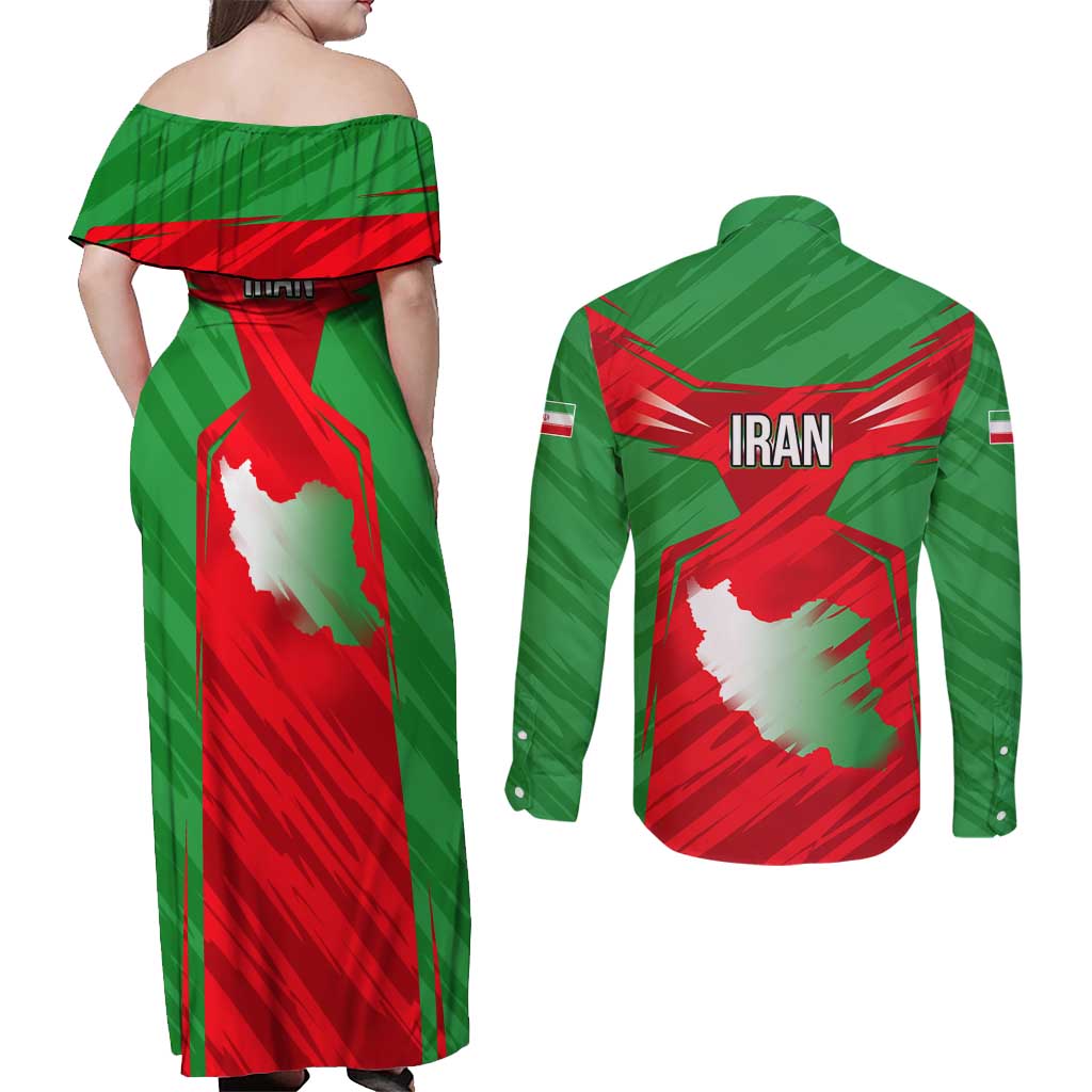 Iran National Pride Couples Matching Off Shoulder Maxi Dress and Long Sleeve Button Shirt with Bold Lion Crest and Country Silhouette