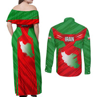 Iran National Pride Couples Matching Off Shoulder Maxi Dress and Long Sleeve Button Shirt with Bold Lion Crest and Country Silhouette