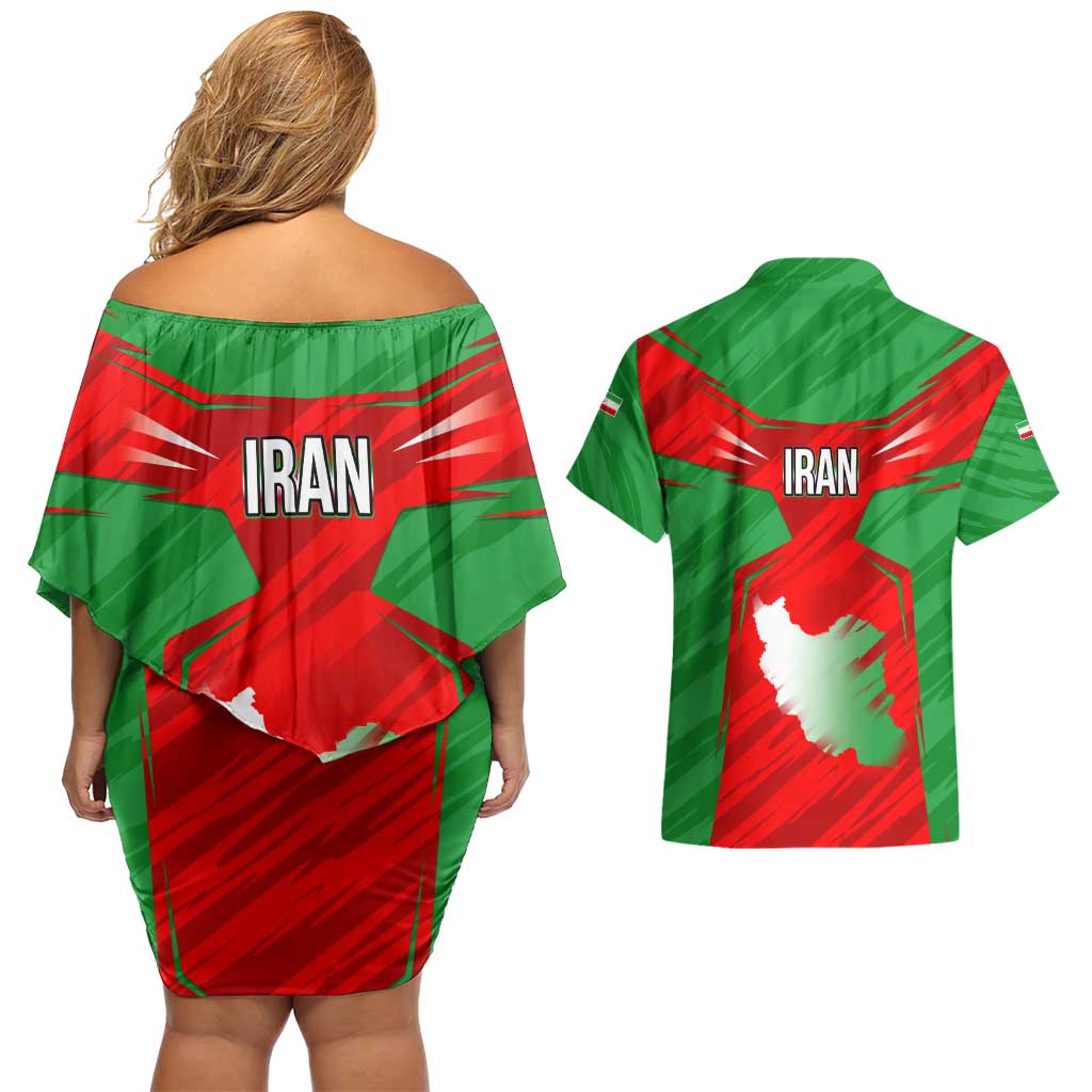 Iran National Pride Couples Matching Off Shoulder Short Dress and Hawaiian Shirt with Bold Lion Crest and Country Silhouette