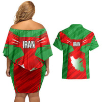 Iran National Pride Couples Matching Off Shoulder Short Dress and Hawaiian Shirt with Bold Lion Crest and Country Silhouette
