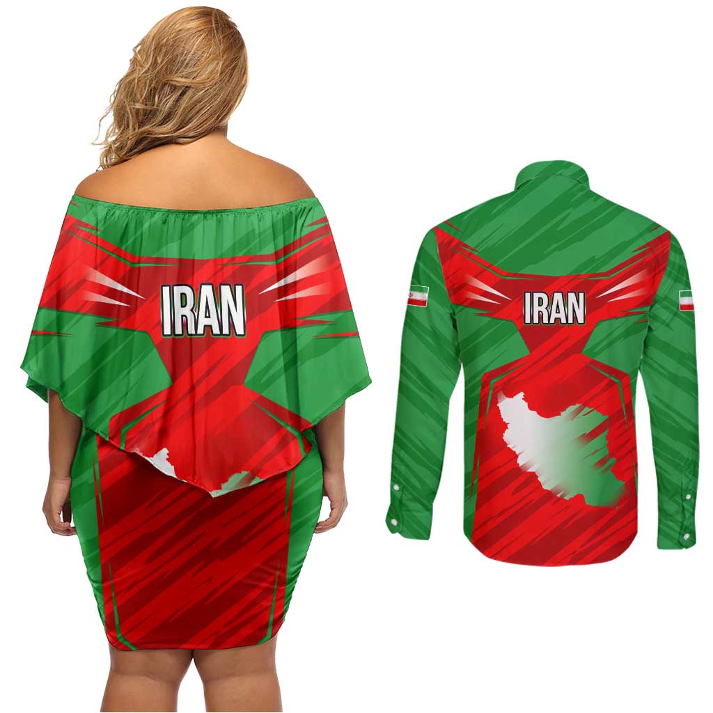 Iran National Pride Couples Matching Off Shoulder Short Dress and Long Sleeve Button Shirt with Bold Lion Crest and Country Silhouette