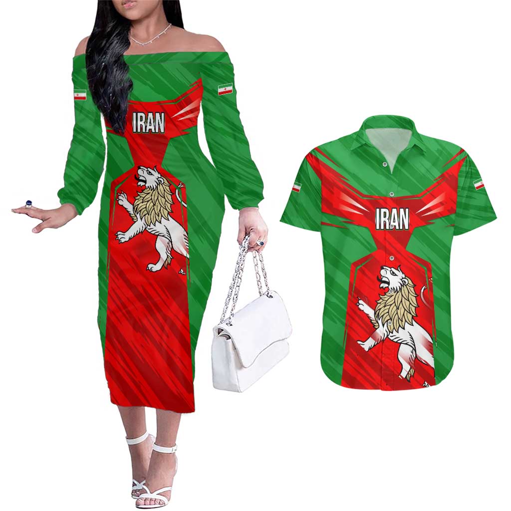 Iran National Pride Couples Matching Off The Shoulder Long Sleeve Dress and Hawaiian Shirt with Bold Lion Crest and Country Silhouette