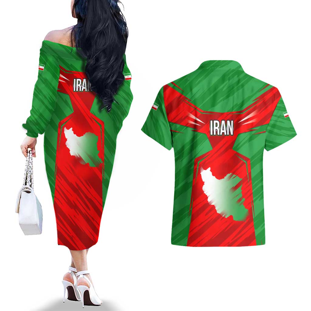 Iran National Pride Couples Matching Off The Shoulder Long Sleeve Dress and Hawaiian Shirt with Bold Lion Crest and Country Silhouette