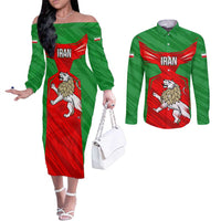 Iran National Pride Couples Matching Off The Shoulder Long Sleeve Dress and Long Sleeve Button Shirt with Bold Lion Crest and Country Silhouette