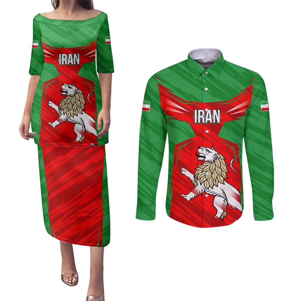 Iran National Pride Couples Matching Puletasi and Long Sleeve Button Shirt with Bold Lion Crest and Country Silhouette