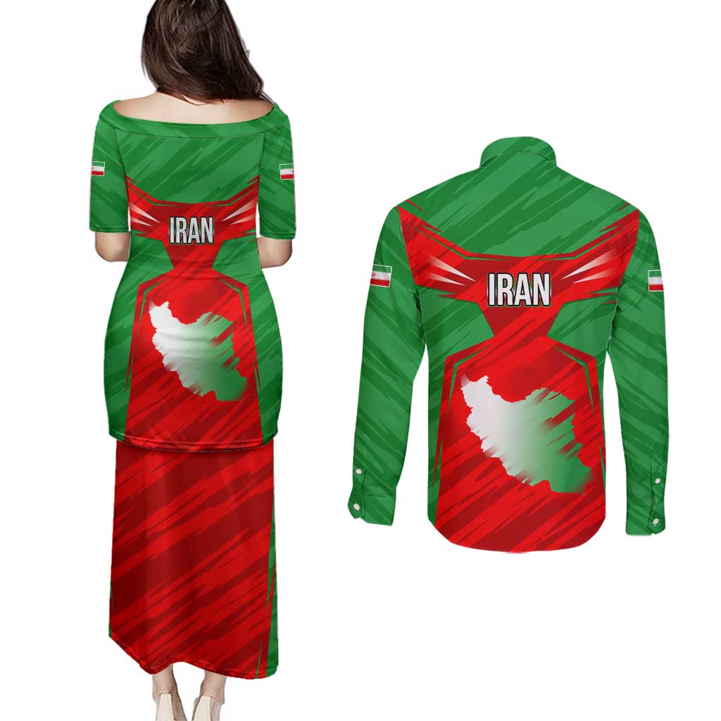 Iran National Pride Couples Matching Puletasi and Long Sleeve Button Shirt with Bold Lion Crest and Country Silhouette
