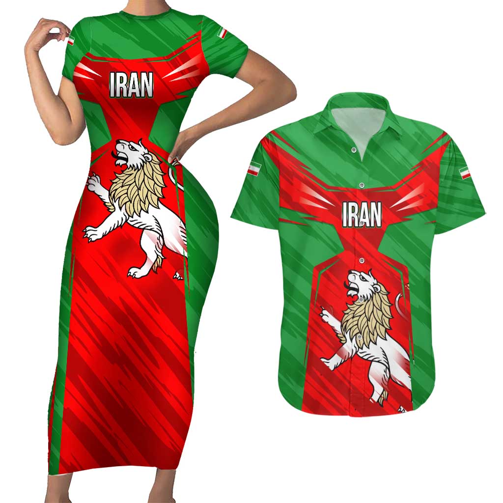 Iran National Pride Couples Matching Short Sleeve Bodycon Dress and Hawaiian Shirt with Bold Lion Crest and Country Silhouette