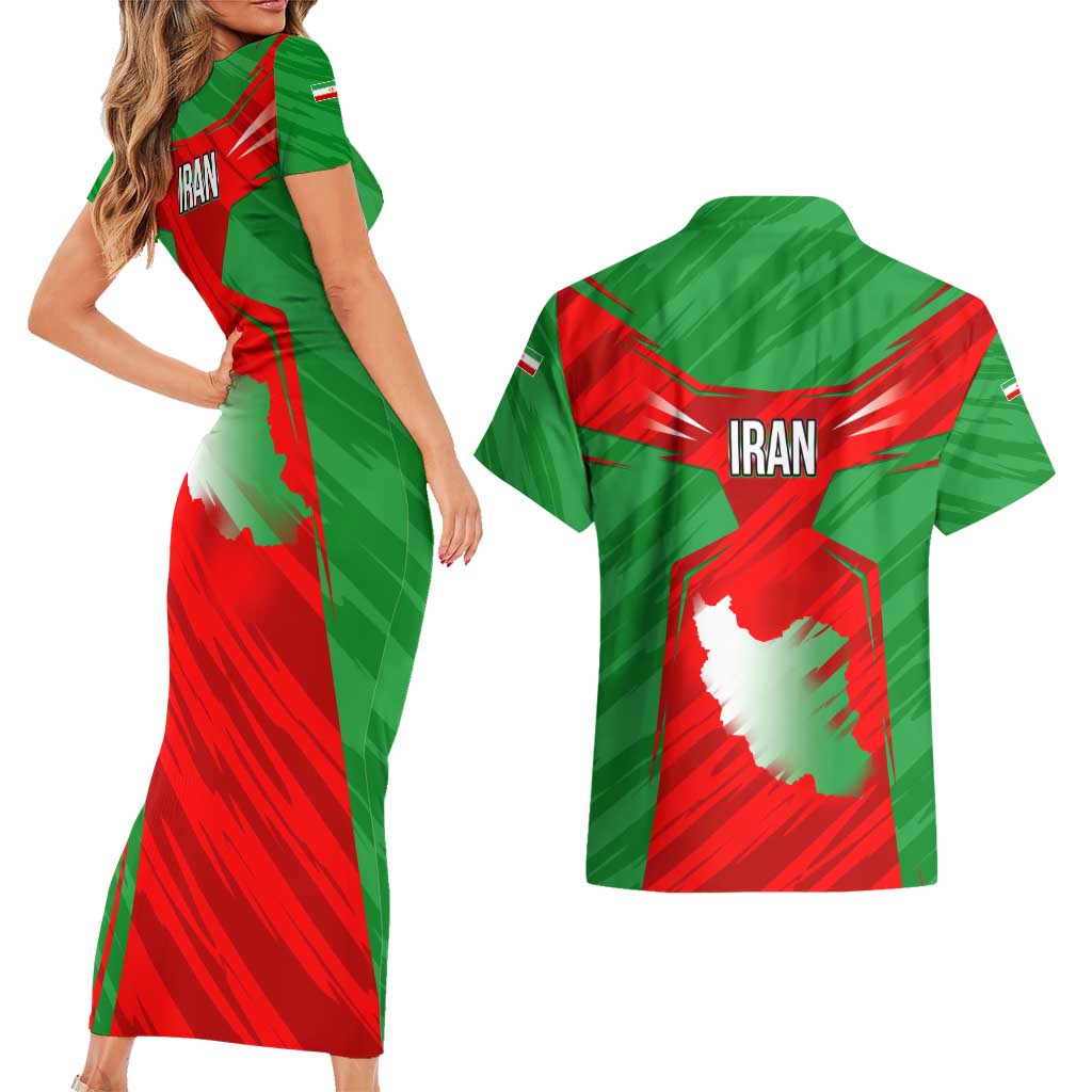 Iran National Pride Couples Matching Short Sleeve Bodycon Dress and Hawaiian Shirt with Bold Lion Crest and Country Silhouette