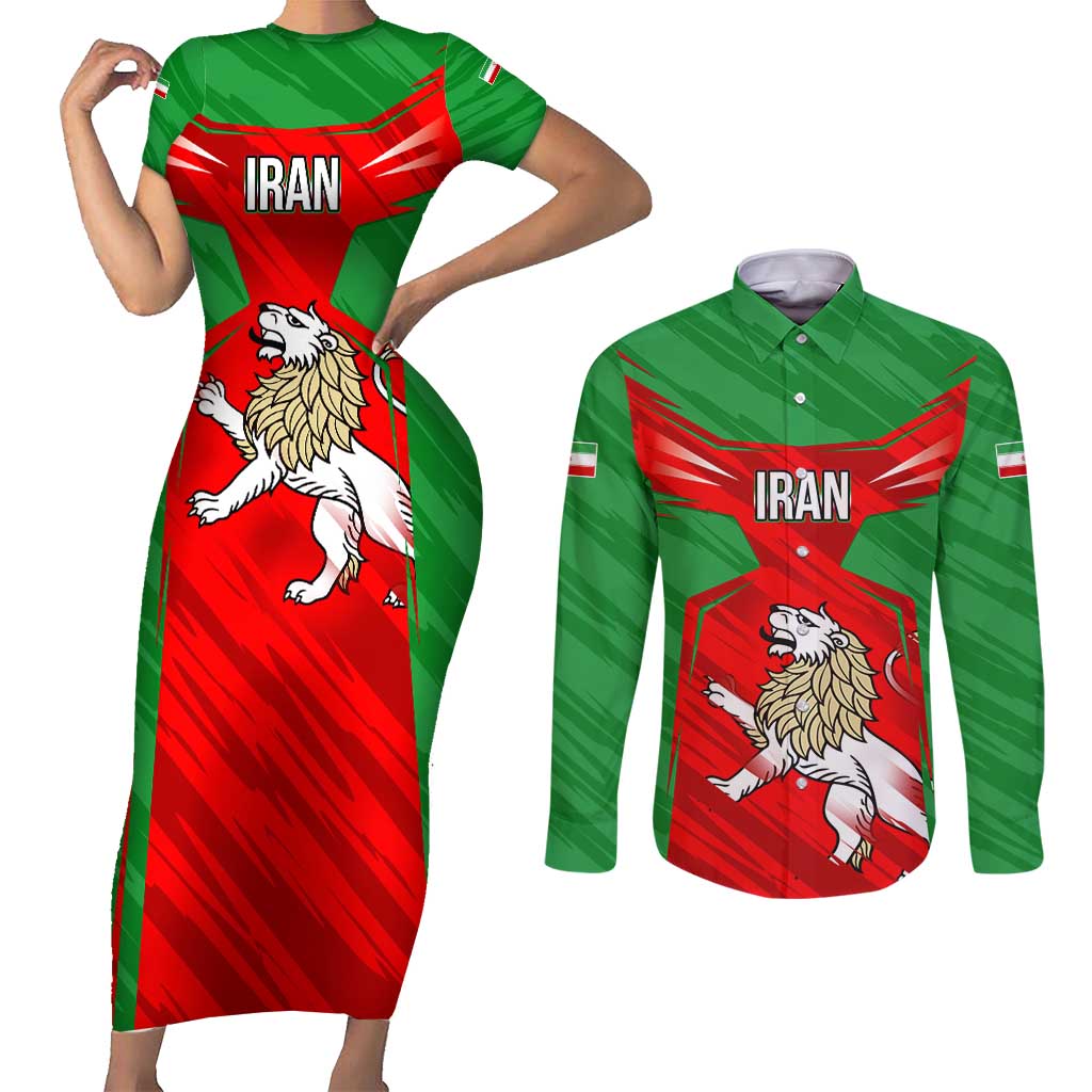 Iran National Pride Couples Matching Short Sleeve Bodycon Dress and Long Sleeve Button Shirt with Bold Lion Crest and Country Silhouette