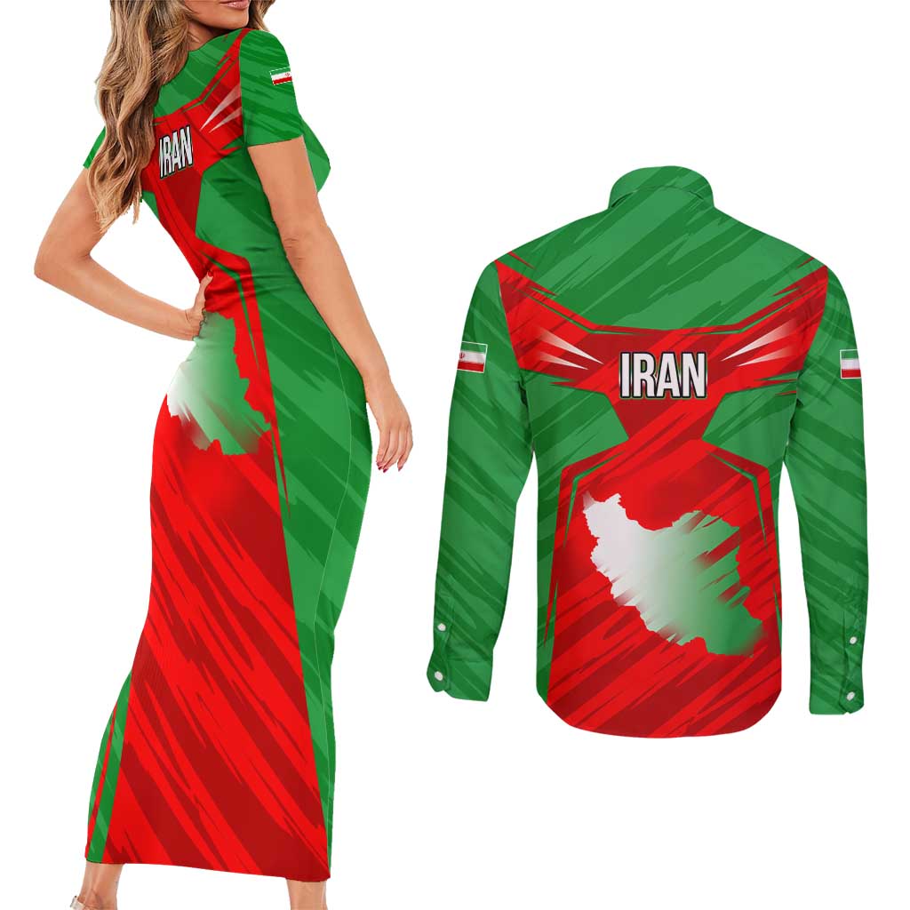 Iran National Pride Couples Matching Short Sleeve Bodycon Dress and Long Sleeve Button Shirt with Bold Lion Crest and Country Silhouette