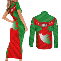 Iran National Pride Couples Matching Short Sleeve Bodycon Dress and Long Sleeve Button Shirt with Bold Lion Crest and Country Silhouette