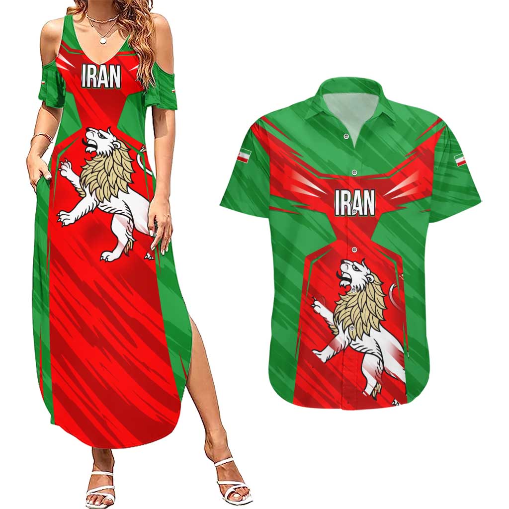Iran National Pride Couples Matching Summer Maxi Dress and Hawaiian Shirt with Bold Lion Crest and Country Silhouette