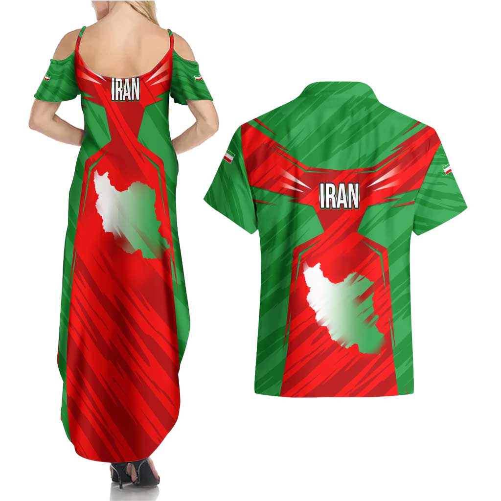 Iran National Pride Couples Matching Summer Maxi Dress and Hawaiian Shirt with Bold Lion Crest and Country Silhouette