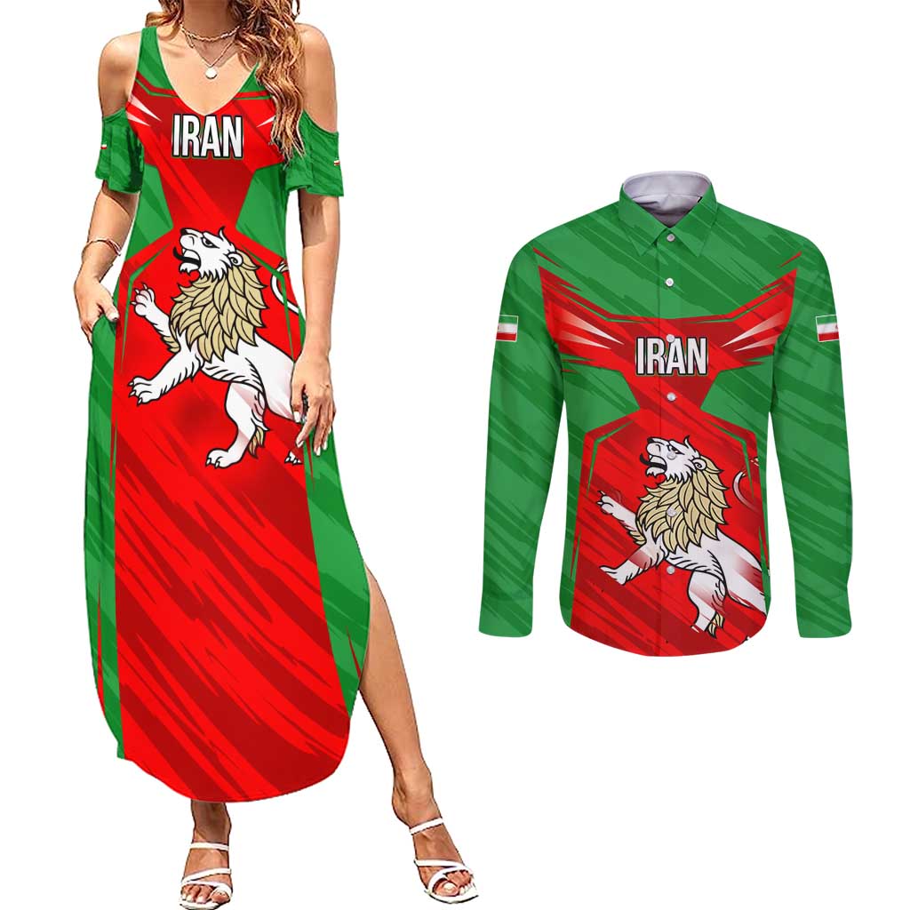 Iran National Pride Couples Matching Summer Maxi Dress and Long Sleeve Button Shirt with Bold Lion Crest and Country Silhouette