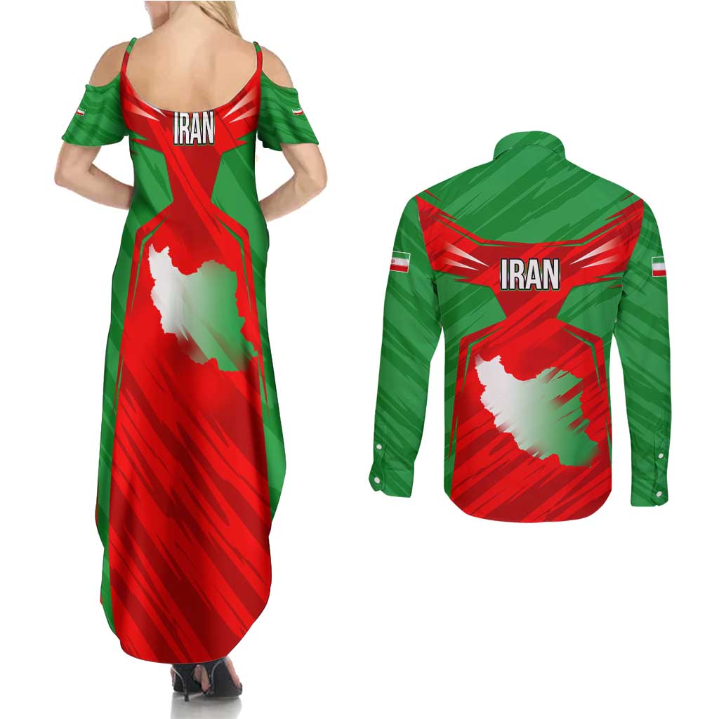 Iran National Pride Couples Matching Summer Maxi Dress and Long Sleeve Button Shirt with Bold Lion Crest and Country Silhouette
