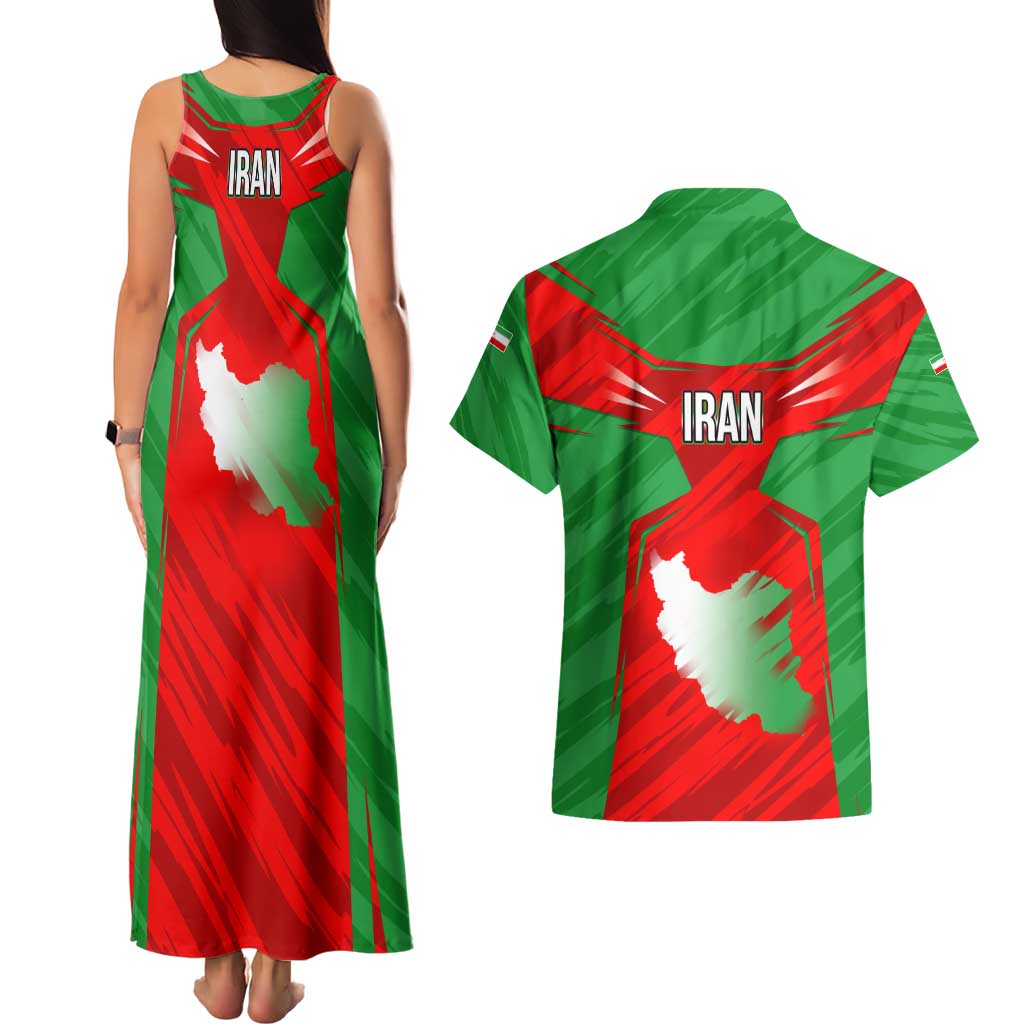 Iran National Pride Couples Matching Tank Maxi Dress and Hawaiian Shirt with Bold Lion Crest and Country Silhouette