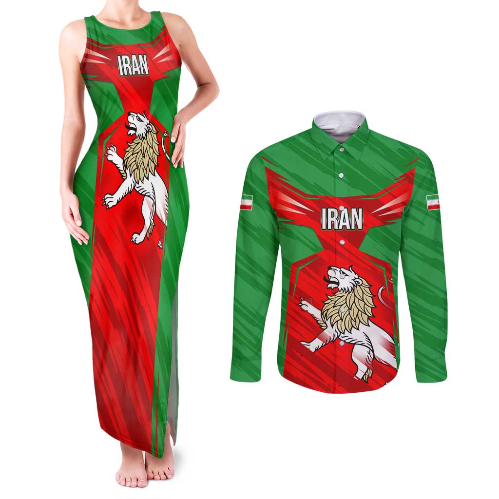 Iran National Pride Couples Matching Tank Maxi Dress and Long Sleeve Button Shirt with Bold Lion Crest and Country Silhouette