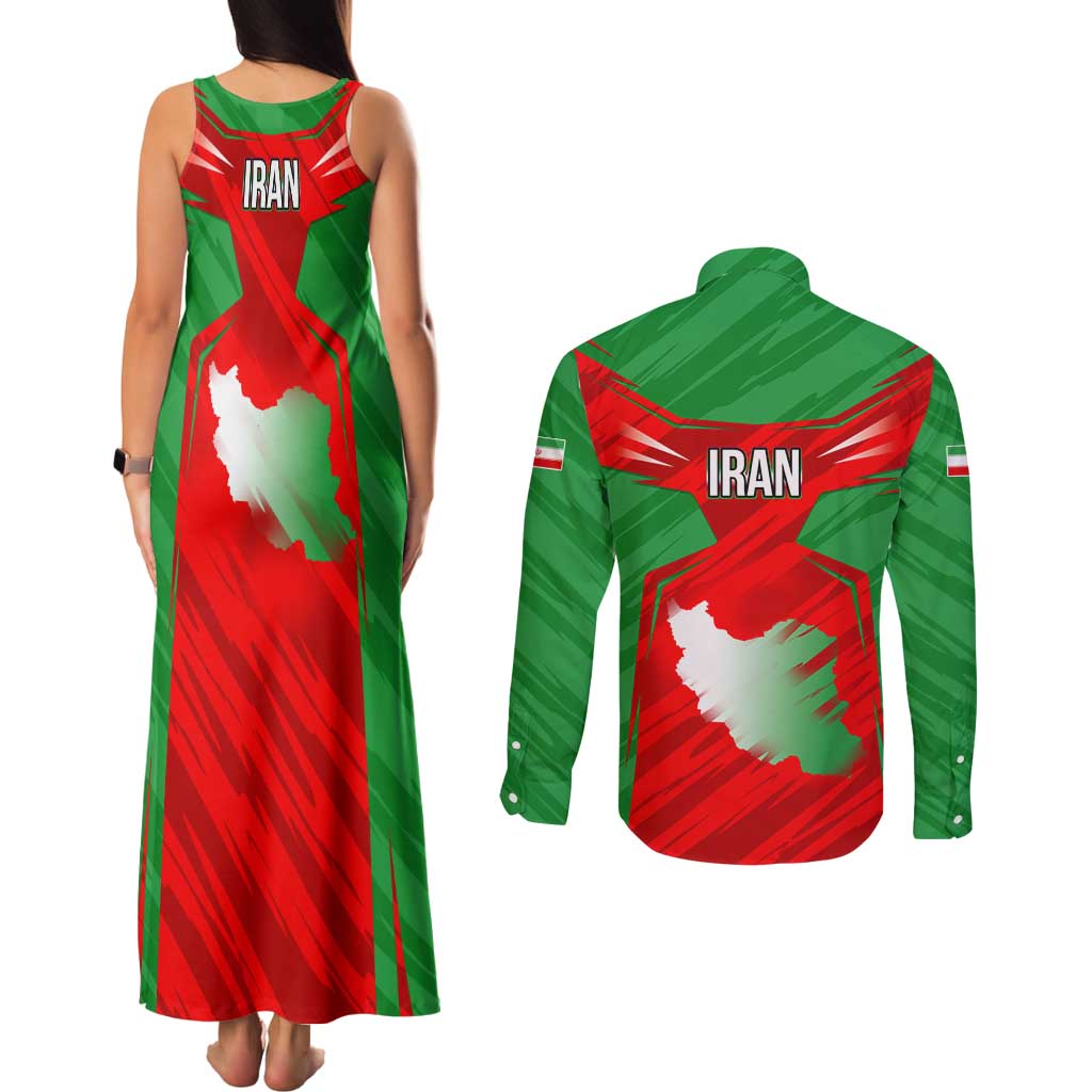 Iran National Pride Couples Matching Tank Maxi Dress and Long Sleeve Button Shirt with Bold Lion Crest and Country Silhouette