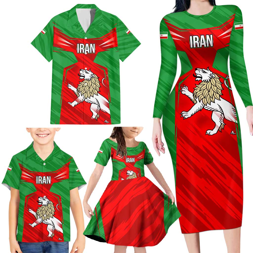 Iran National Pride Family Matching Long Sleeve Bodycon Dress and Hawaiian Shirt with Bold Lion Crest and Country Silhouette