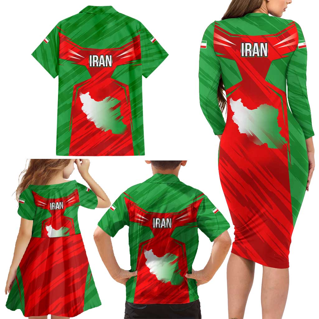 Iran National Pride Family Matching Long Sleeve Bodycon Dress and Hawaiian Shirt with Bold Lion Crest and Country Silhouette