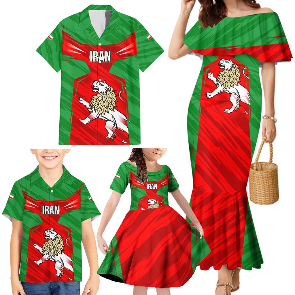 Iran National Pride Family Matching Mermaid Dress and Hawaiian Shirt with Bold Lion Crest and Country Silhouette