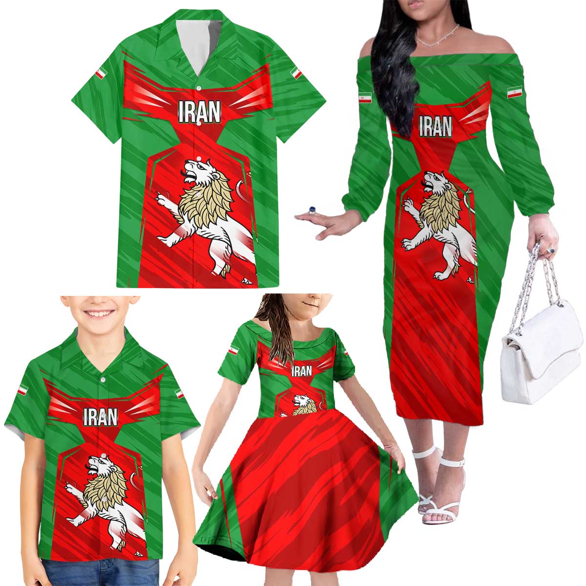 Iran National Pride Family Matching Off The Shoulder Long Sleeve Dress and Hawaiian Shirt with Bold Lion Crest and Country Silhouette