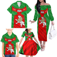 Iran National Pride Family Matching Off The Shoulder Long Sleeve Dress and Hawaiian Shirt with Bold Lion Crest and Country Silhouette
