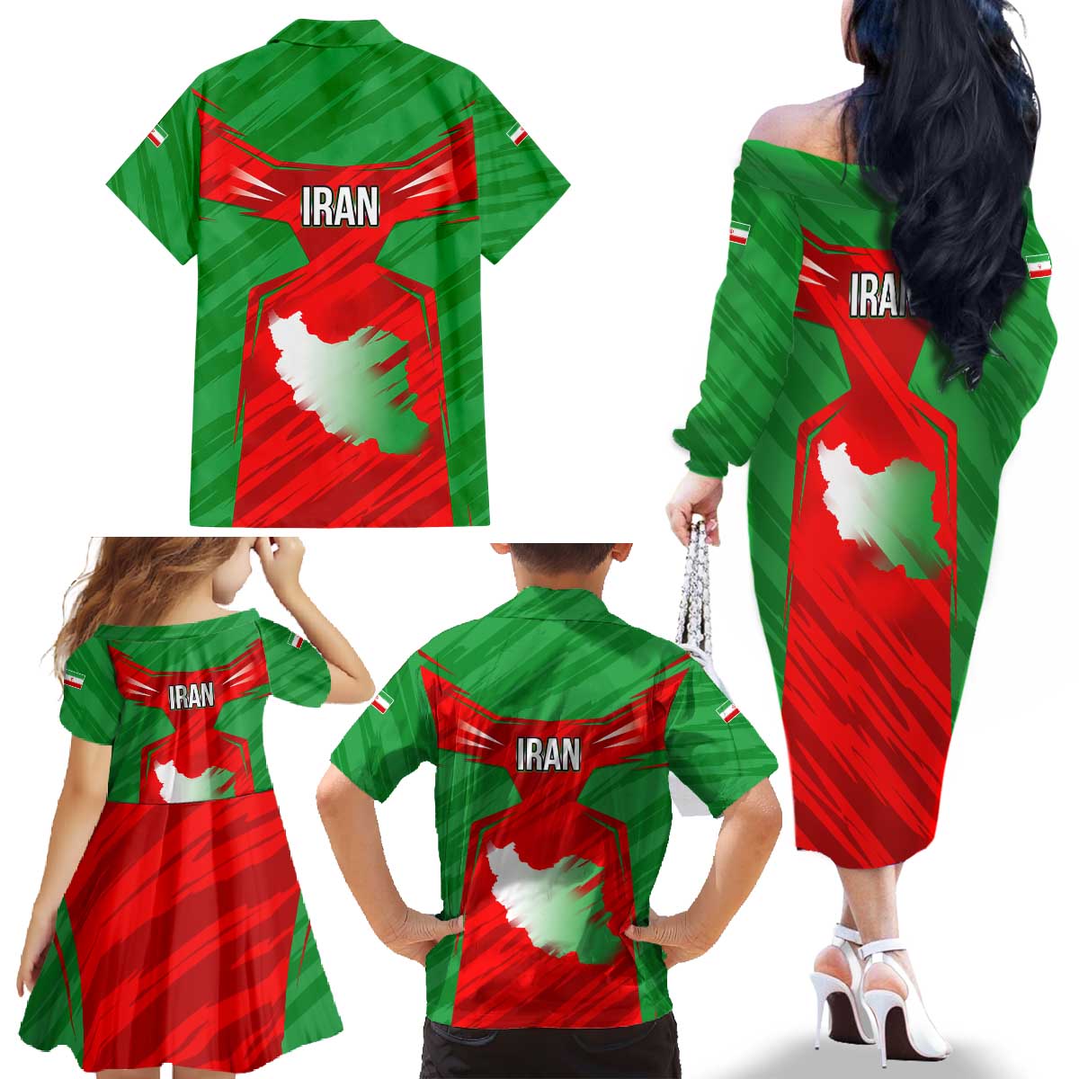 Iran National Pride Family Matching Off The Shoulder Long Sleeve Dress and Hawaiian Shirt with Bold Lion Crest and Country Silhouette