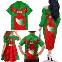 Iran National Pride Family Matching Off The Shoulder Long Sleeve Dress and Hawaiian Shirt with Bold Lion Crest and Country Silhouette