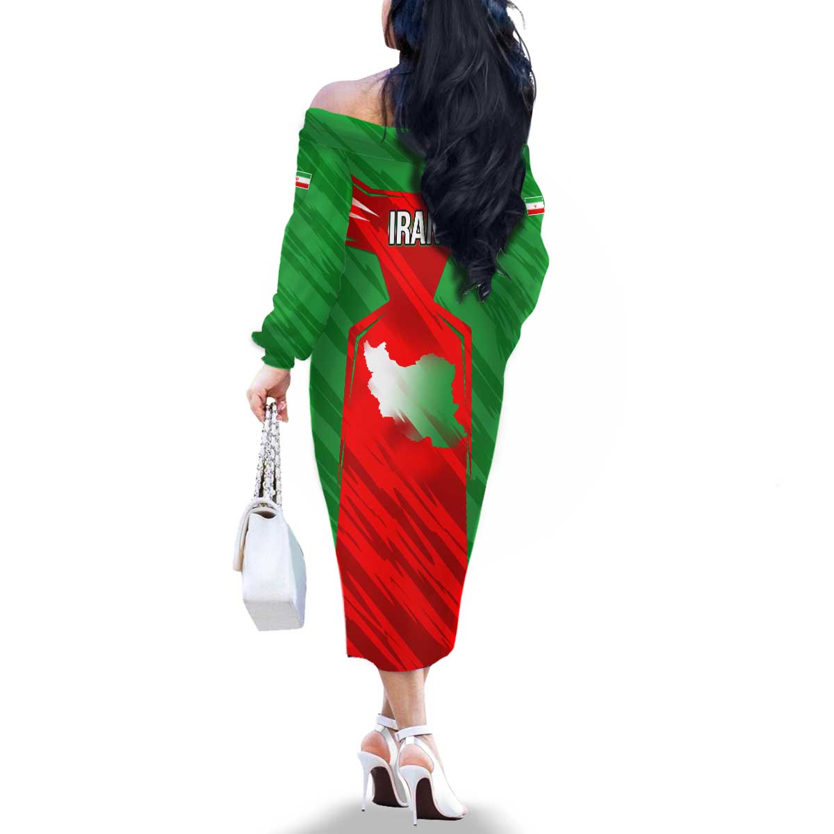 Iran National Pride Family Matching Off The Shoulder Long Sleeve Dress and Hawaiian Shirt with Bold Lion Crest and Country Silhouette