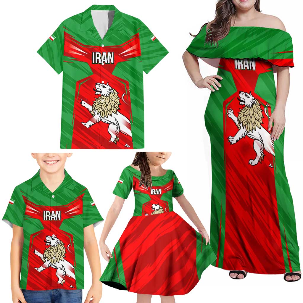 Iran National Pride Family Matching Off Shoulder Maxi Dress and Hawaiian Shirt with Bold Lion Crest and Country Silhouette
