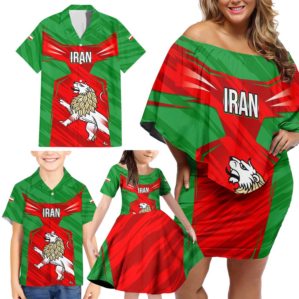 Iran National Pride Family Matching Off Shoulder Short Dress and Hawaiian Shirt with Bold Lion Crest and Country Silhouette