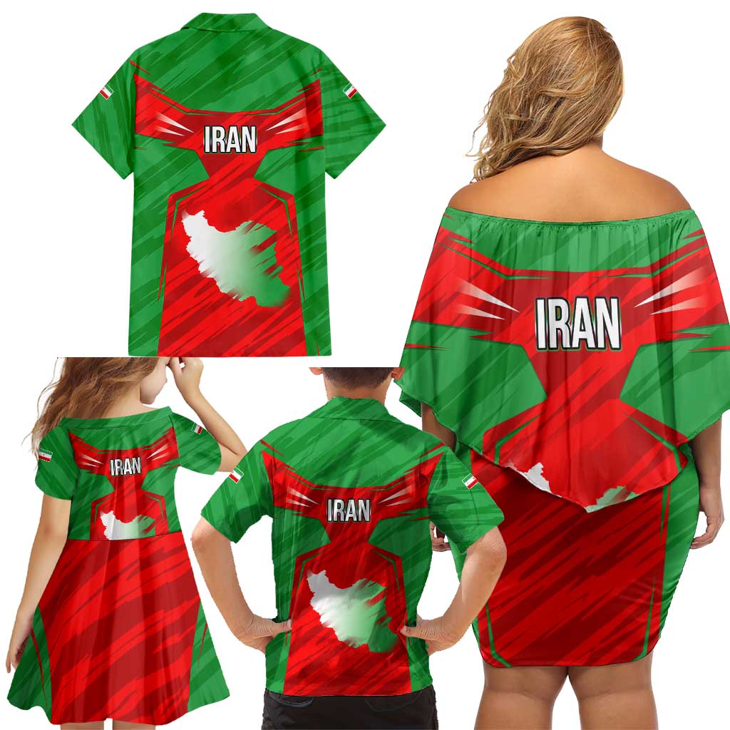 Iran National Pride Family Matching Off Shoulder Short Dress and Hawaiian Shirt with Bold Lion Crest and Country Silhouette