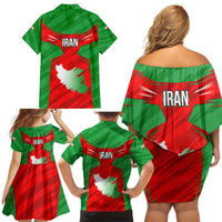 Iran National Pride Family Matching Off Shoulder Short Dress and Hawaiian Shirt with Bold Lion Crest and Country Silhouette