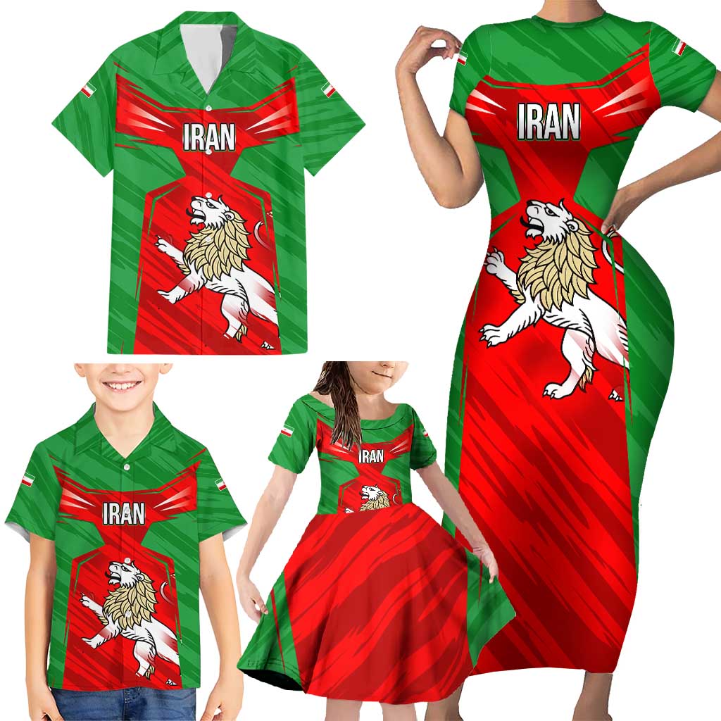 Iran National Pride Family Matching Short Sleeve Bodycon Dress and Hawaiian Shirt with Bold Lion Crest and Country Silhouette