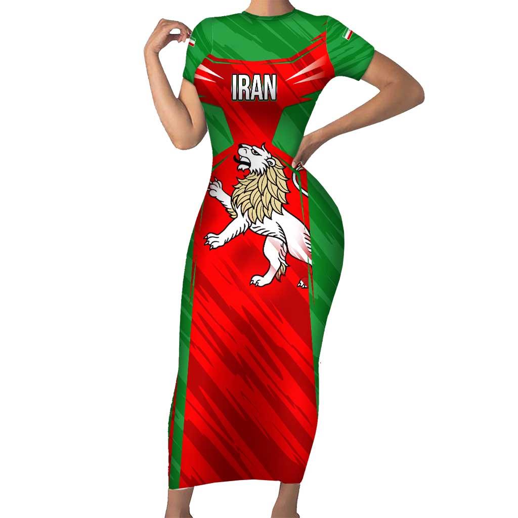 Iran National Pride Family Matching Short Sleeve Bodycon Dress and Hawaiian Shirt with Bold Lion Crest and Country Silhouette