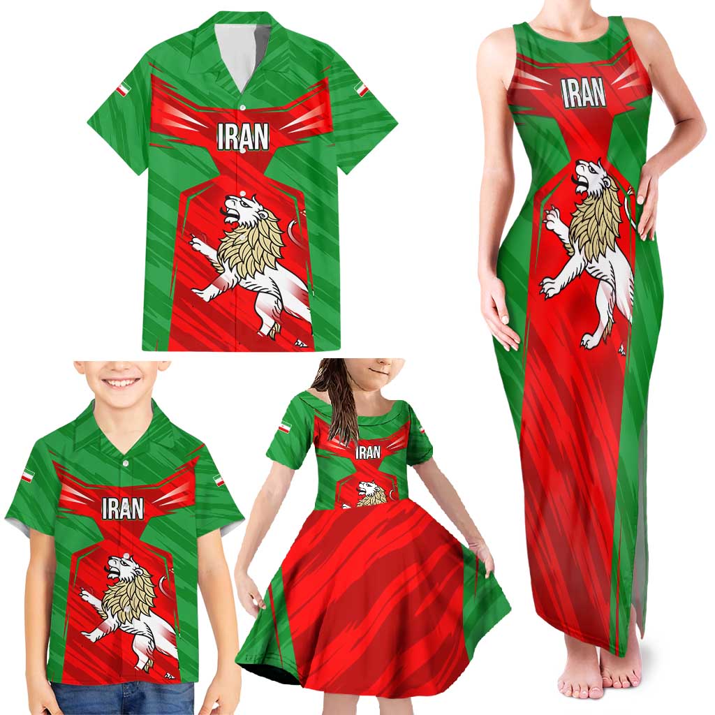 Iran National Pride Family Matching Tank Maxi Dress and Hawaiian Shirt with Bold Lion Crest and Country Silhouette