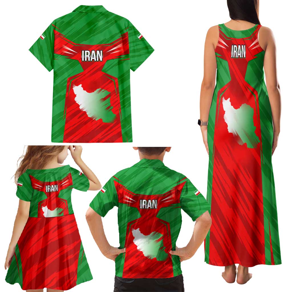 Iran National Pride Family Matching Tank Maxi Dress and Hawaiian Shirt with Bold Lion Crest and Country Silhouette