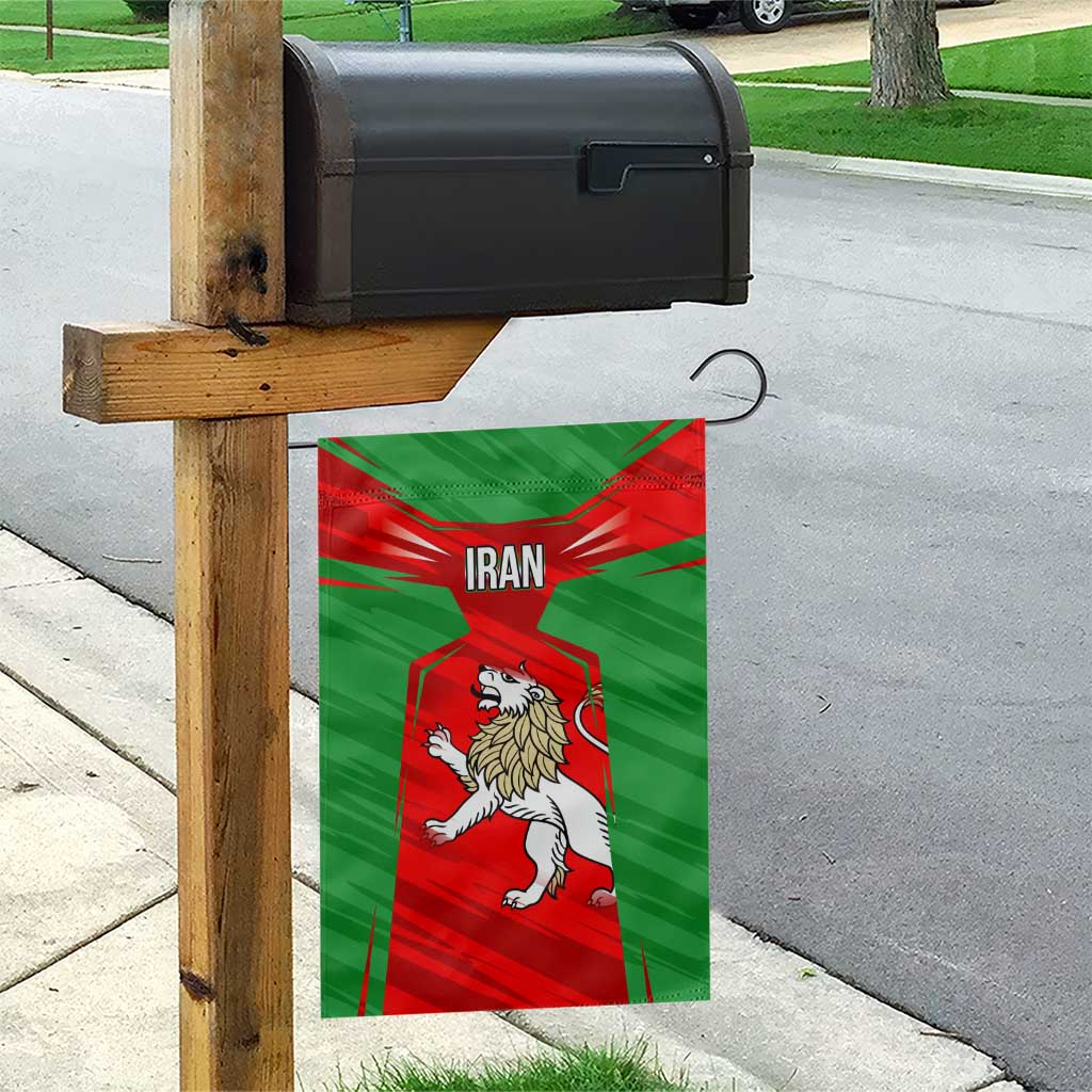 Iran National Pride Garden Flag with Bold Lion Crest and Country Silhouette