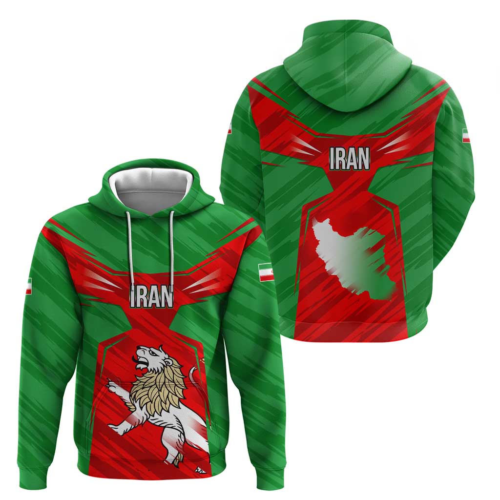 Iran National Pride Hoodie with Bold Lion Crest and Country Silhouette