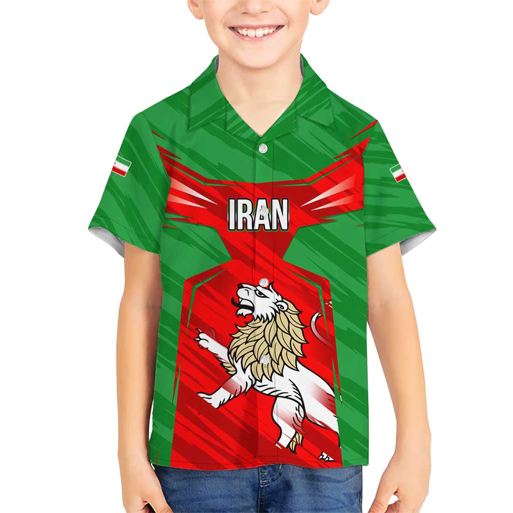 Iran National Pride Kid Hawaiian Shirt with Bold Lion Crest and Country Silhouette