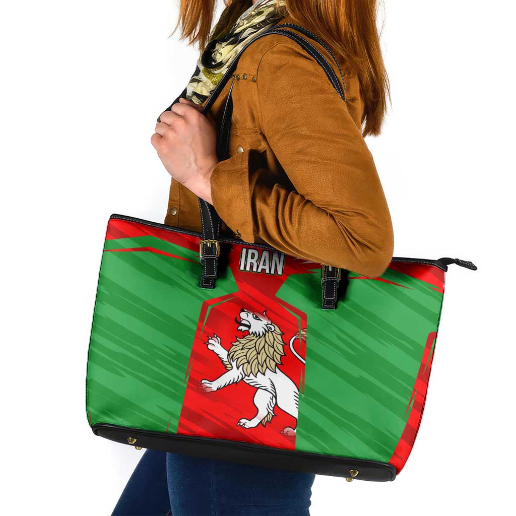 Iran National Pride Leather Tote Bag with Bold Lion Crest and Country Silhouette