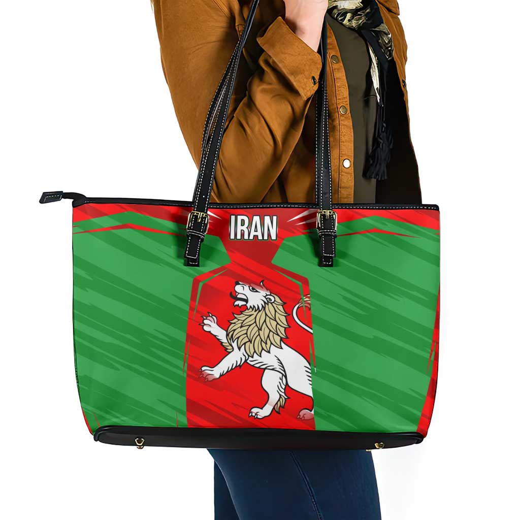 Iran National Pride Leather Tote Bag with Bold Lion Crest and Country Silhouette