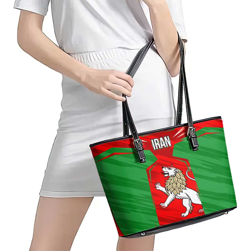 Iran National Pride Leather Tote Bag with Bold Lion Crest and Country Silhouette
