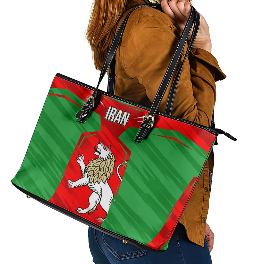 Iran National Pride Leather Tote Bag with Bold Lion Crest and Country Silhouette
