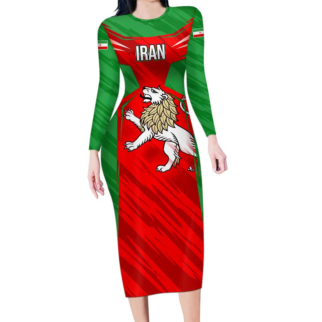 Iran National Pride Long Sleeve Bodycon Dress with Bold Lion Crest and Country Silhouette