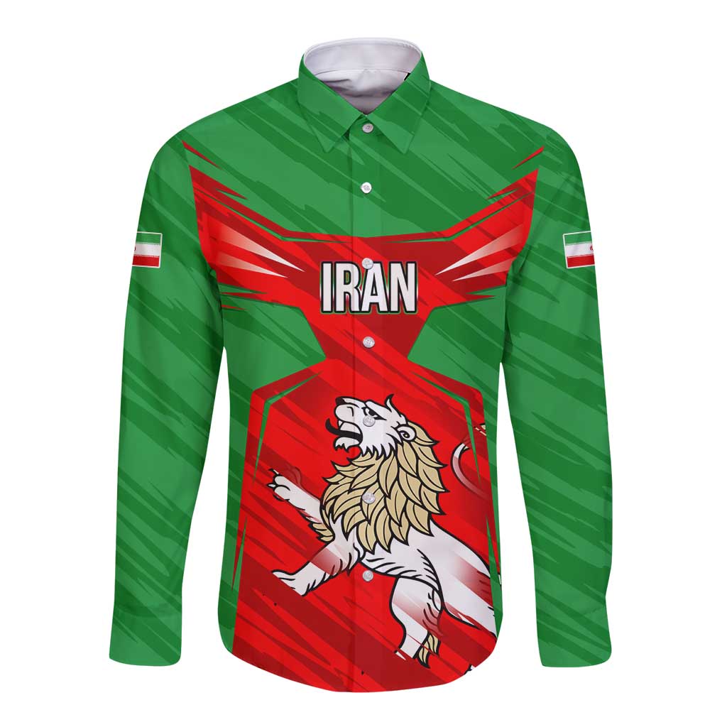 Iran National Pride Long Sleeve Button Shirt with Bold Lion Crest and Country Silhouette